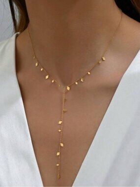 Gold Plated Stainless Steel Geometric Charm Lariat Necklace
